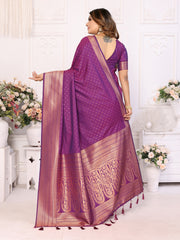 Luxury Purple Soft Silk Saree with All-Over Butties, Zari Big Border & Rich Woven Pallu - Ultra-Lightweight, Silky Smooth, Baby Soft Fabric with Matching Silk Blouse.