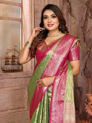 Green Handloom Tissue Silk Saree with All-Over Zari Weaving, Contrast Zari Borders & Rich Pallu – Elegant Wedding & Festive Wear.