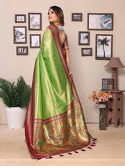 Parrot Green Pure Banarasi Tissue Silk Saree with Paithani Woven Borders