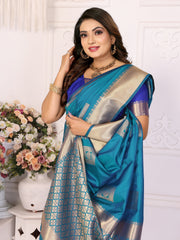 Sky Color Premium Lichi Soft Silk Saree with Woven Butta Design, Zari Borders & Rich Pallu – Elegant Wedding & Party Wear.