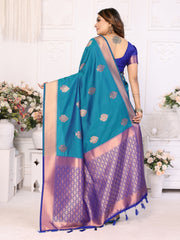 Exquisite Blue Premium Lichi Soft Silk Saree with Woven Butta, Zari Borders & Contrast Blouse | Rich, Flowing, and Elegant Design.