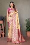 Pink Premium Viscose Silky Saree with All-Over Weaving Butties, Contrast Border, and Rich Woven Pallu – Ideal for Weddings & Festivals.