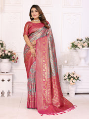 Teal Color Banarasi Chaturi Silk Saree with Contrast Blouse.