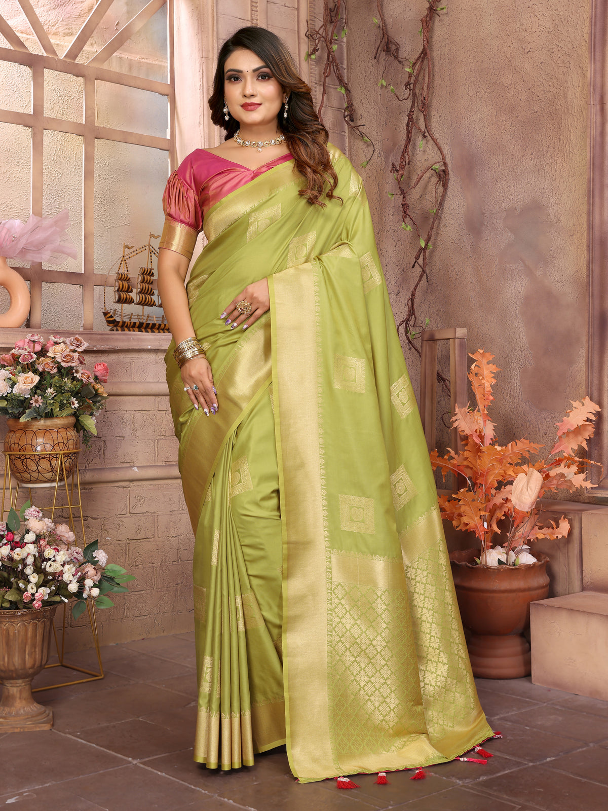 Green Color Premium Lichi Soft Silk Saree with Woven Butta Design, Zari Borders & Rich Pallu – Elegant Wedding & Party Wear.