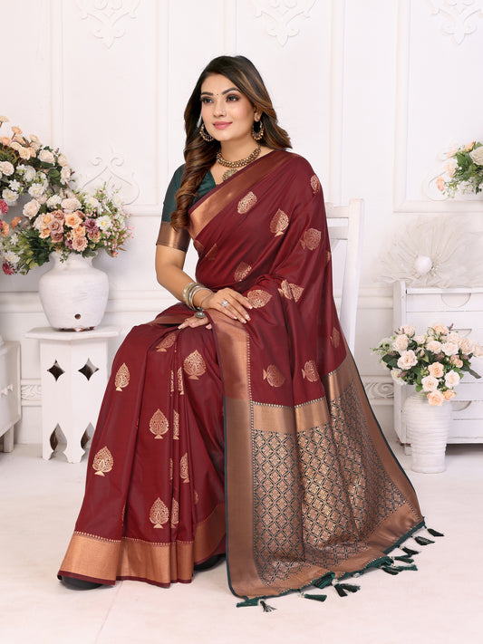 Exquisite Maroon Premium Lichi Soft Silk Saree with Woven Butta, Zari Borders & Contrast Blouse | Rich, Flowing, and Elegant Design.