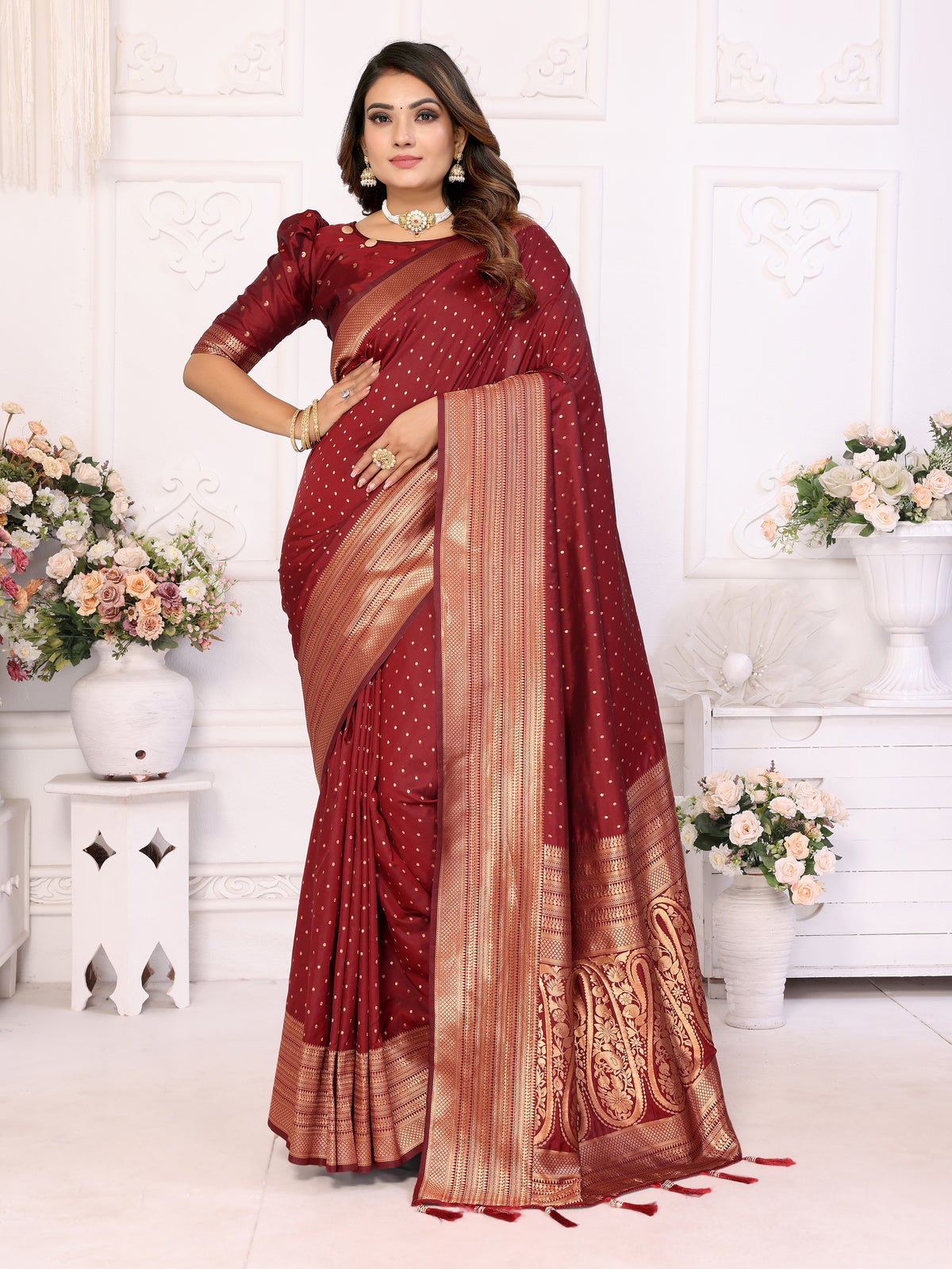 Luxury Maroon Soft Silk Saree with All-Over Butties, Zari Big Border & Rich Woven Pallu - Ultra-Lightweight, Silky Smooth, Baby Soft Fabric with Matching Silk Blouse.