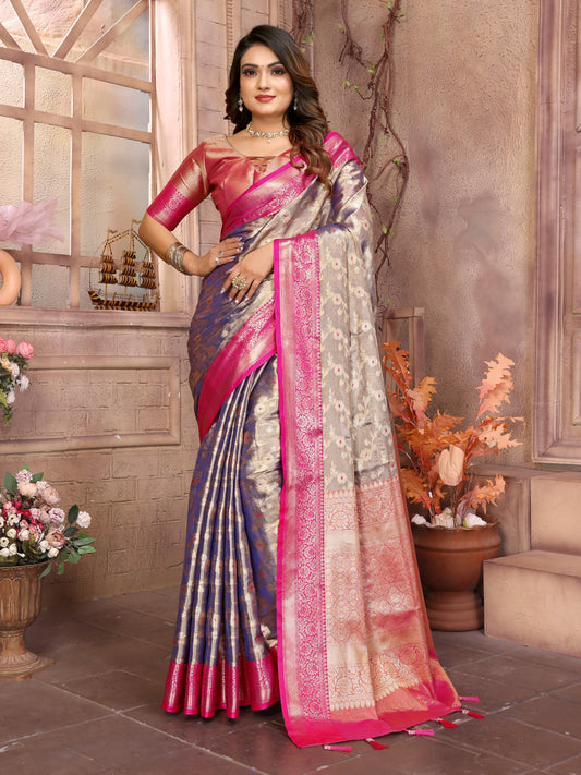 Purple Handloom Tissue Silk Saree with All-Over Zari Weaving, Contrast Zari Borders & Rich Pallu – Elegant Wedding & Festive Wear.