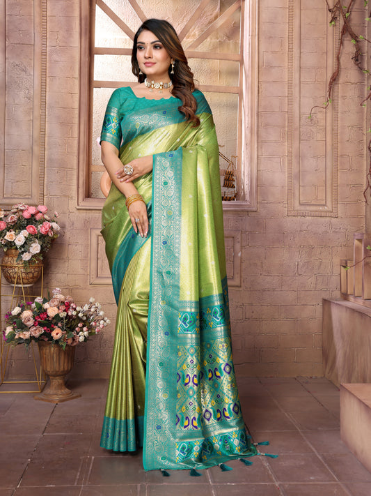 Parrot Green Pure Banarasi Tissue Silk Saree with Paithani Pallu