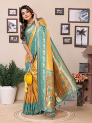 Yellow Pure Banarasi Tissue Silk Saree with Paithani Woven Borders