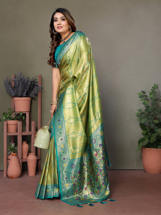 Parrot Green Pure Banarasi Tissue Silk Saree with Leheriya Weave