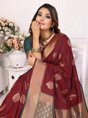 Exquisite Maroon Premium Lichi Soft Silk Saree with Woven Butta, Zari Borders & Contrast Blouse | Rich, Flowing, and Elegant Design.