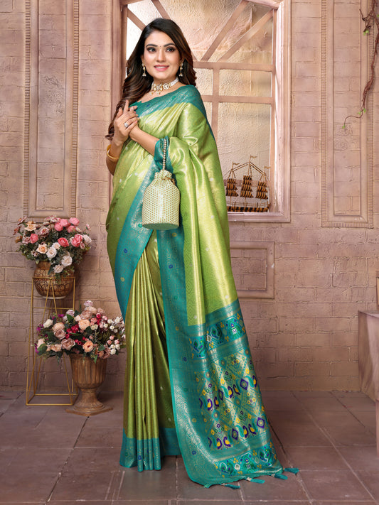 Parrot Green Pure Banarasi Tissue Silk Saree with Paithani Pallu