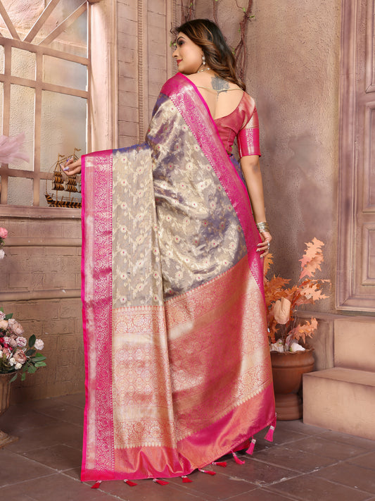 Purple Handloom Tissue Silk Saree with All-Over Zari Weaving, Contrast Zari Borders & Rich Pallu – Elegant Wedding & Festive Wear.