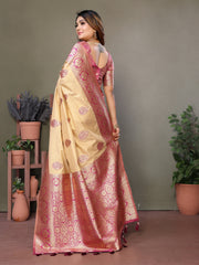 Pink Premium Viscose Silky Saree with All-Over Weaving Butties, Contrast Border, and Rich Woven Pallu – Ideal for Weddings & Festivals.