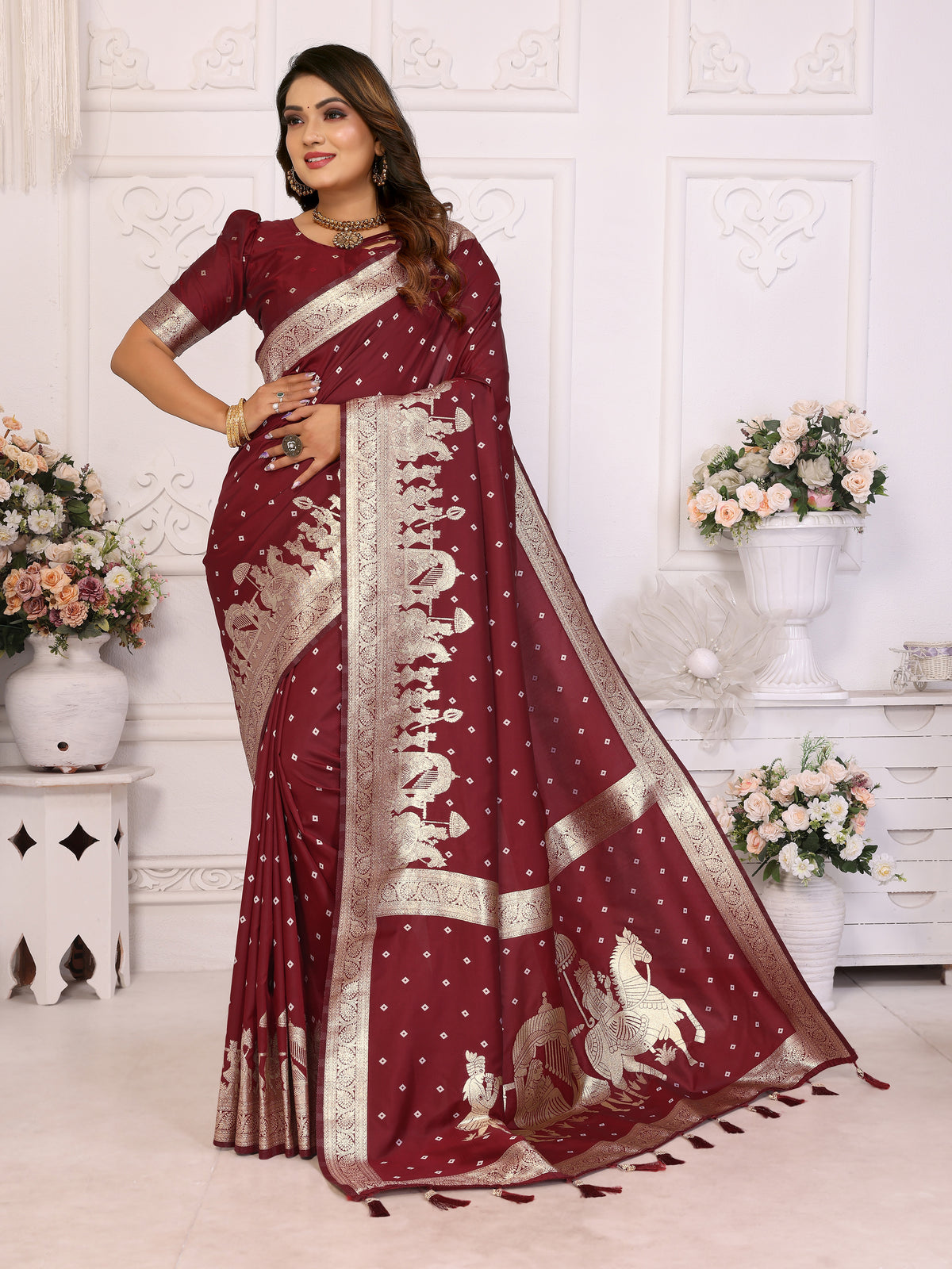 Red Exclusive Summer Special Pure Lichi Silk Saree Collection | Premium Quality Kochi Silk with Bandhej Weaving | Official Wear, Easy Maintenance & Durable | Soft, Comfy & Easy to Drape.