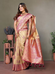 Pink Premium Viscose Silky Saree with All-Over Weaving Butties, Contrast Border, and Rich Woven Pallu – Ideal for Weddings & Festivals.