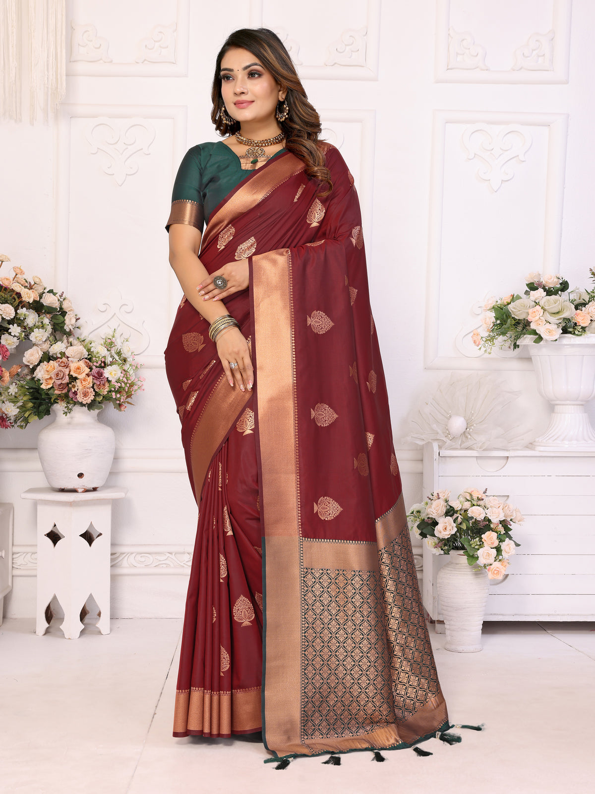 Exquisite Maroon Premium Lichi Soft Silk Saree with Woven Butta, Zari Borders & Contrast Blouse | Rich, Flowing, and Elegant Design.