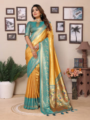 Yellow Pure Banarasi Tissue Silk Saree with Paithani Woven Borders