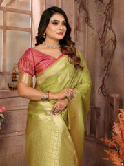 Green Color Premium Lichi Soft Silk Saree with Woven Butta Design, Zari Borders & Rich Pallu – Elegant Wedding & Party Wear.