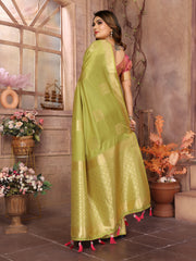 Green Color Premium Lichi Soft Silk Saree with Woven Butta Design, Zari Borders & Rich Pallu – Elegant Wedding & Party Wear.