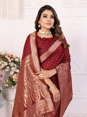 Luxury Maroon Soft Silk Saree with All-Over Butties, Zari Big Border & Rich Woven Pallu - Ultra-Lightweight, Silky Smooth, Baby Soft Fabric with Matching Silk Blouse.