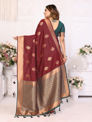 Exquisite Maroon Premium Lichi Soft Silk Saree with Woven Butta, Zari Borders & Contrast Blouse | Rich, Flowing, and Elegant Design.