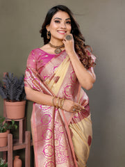 Pink Premium Viscose Silky Saree with All-Over Weaving Butties, Contrast Border, and Rich Woven Pallu – Ideal for Weddings & Festivals.