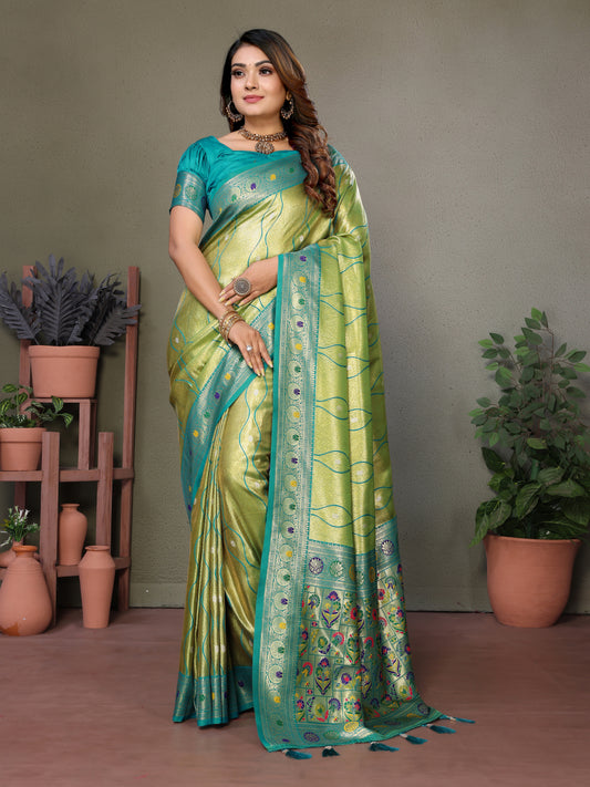 Parrot Green Pure Banarasi Tissue Silk Saree with Leheriya Weave