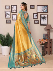 Yellow Pure Banarasi Tissue Silk Saree with Paithani Woven Borders