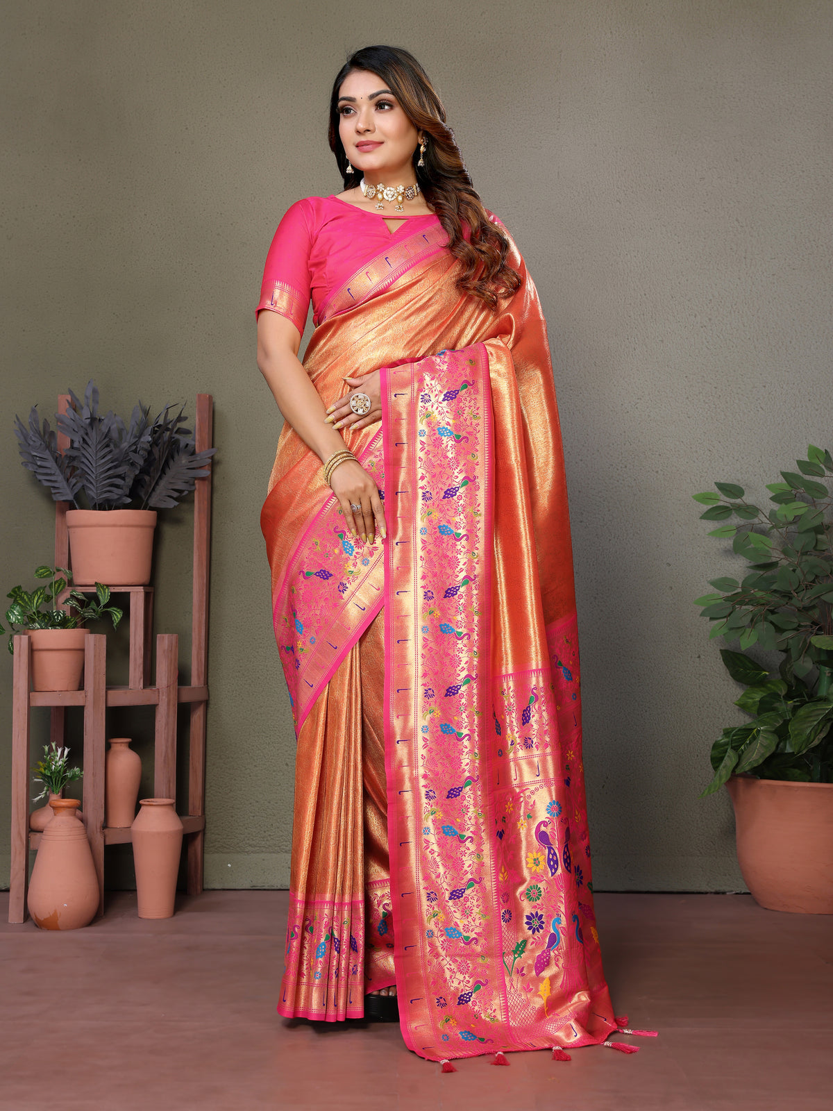 Orange Color Pure Banarasi Tissue Silk Saree