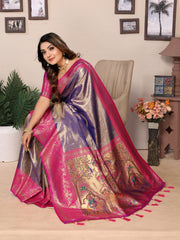 Purple Pure Banarasi Tissue Silk Saree with Paithani Woven Borders