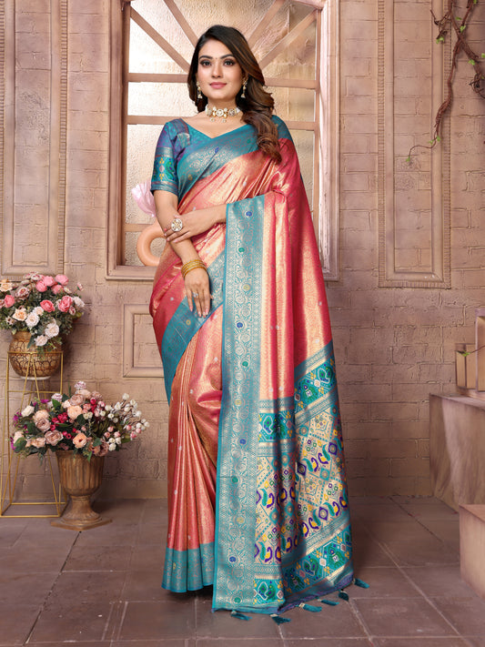 Peach Pure Banarasi Tissue Silk Saree