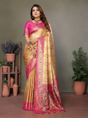 Yellow Pure Banarasi Tissue Silk Saree with Leheriya Weave