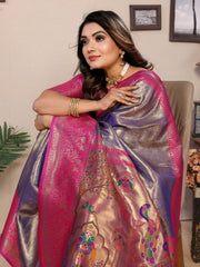 Purple Pure Banarasi Tissue Silk Saree with Paithani Woven Borders