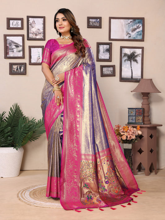 Purple Pure Banarasi Tissue Silk Saree with Paithani Woven Borders