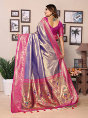 Purple Pure Banarasi Tissue Silk Saree with Paithani Woven Borders