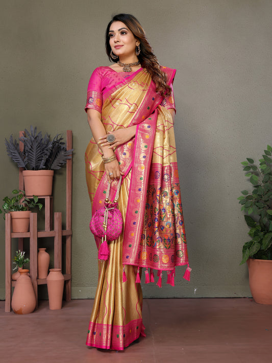 Yellow Pure Banarasi Tissue Silk Saree with Leheriya Weave