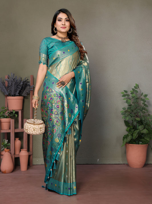 Sky Pure Banarasi Tissue Silk Saree with Leheriya Weave