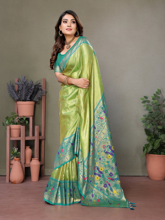 Parrot Pure Banarasi Tissue Silk Saree