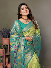 Parrot Pure Banarasi Tissue Silk Saree