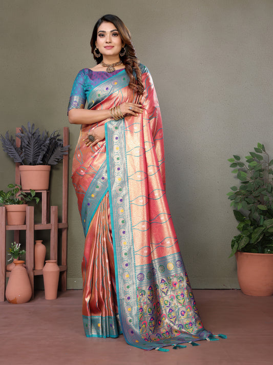 Pink Color Pure Banarasi Tissue Silk Saree with Leheriya Weave