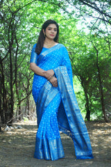 Blue Premium Handmade Bandhej Kanjivaram Silk Saree | Zari Weaving Rich Pallu & Kanjivaram Border | Stylish & Comfortable Bandhej Design.