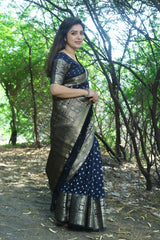 Navy Blue Handmade Bandhej Kanjivaram Silk Saree