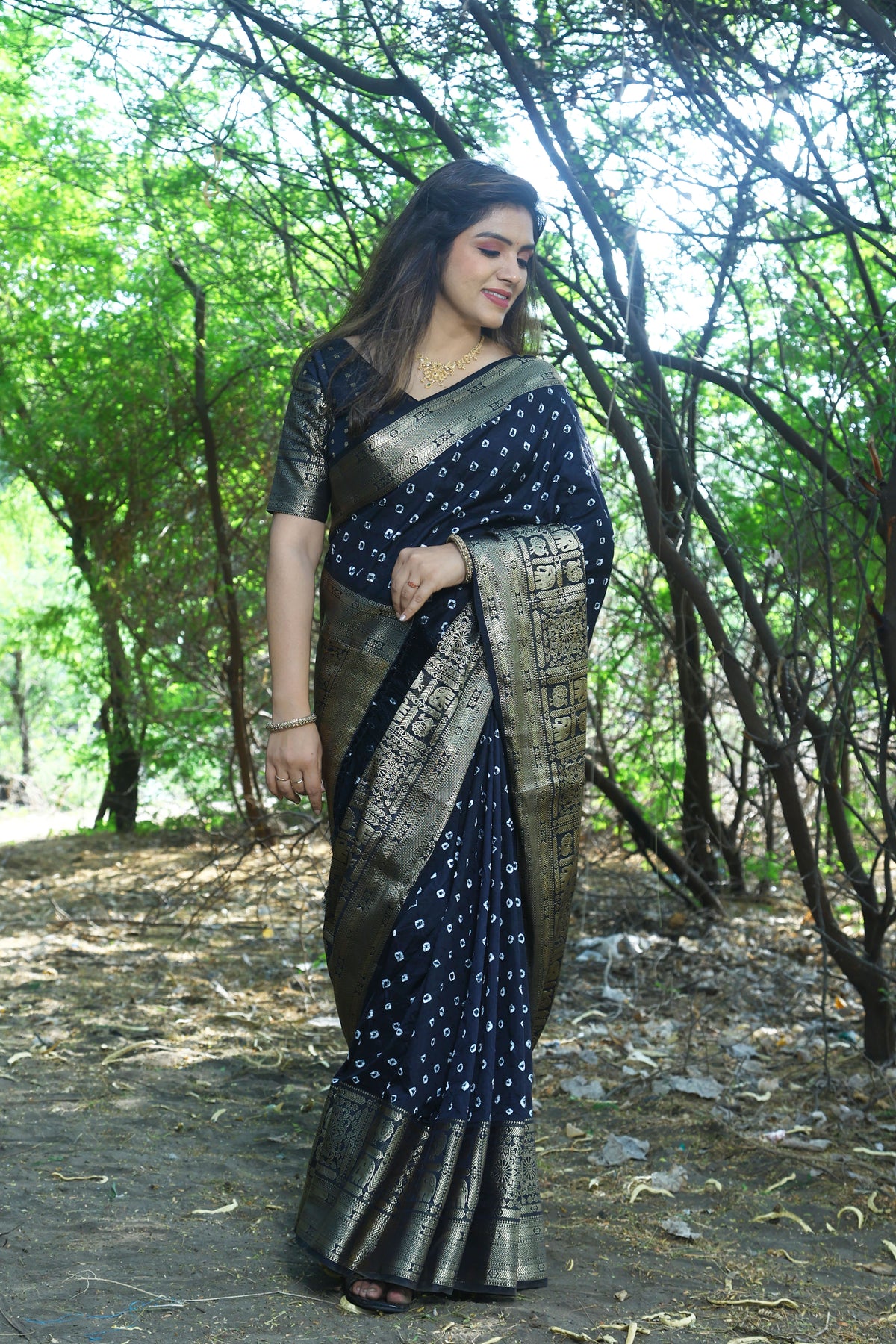 Navy Blue Handmade Bandhej Kanjivaram Silk Saree