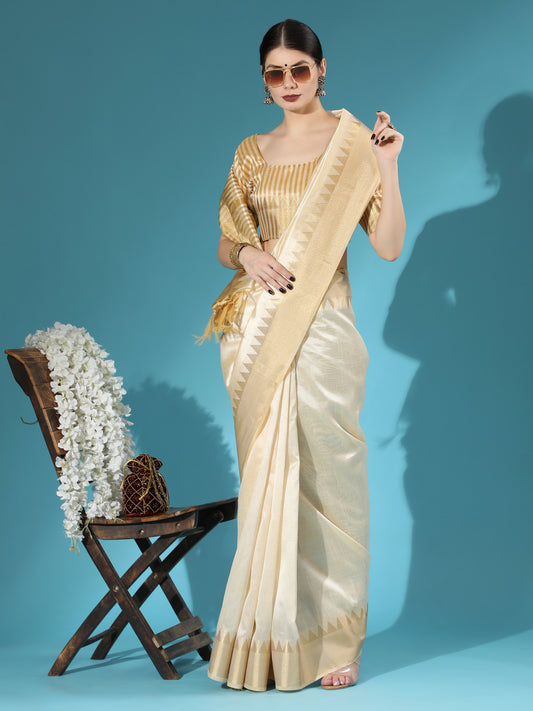 Cream Color Assam Raw Silk Weaving Saree