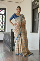 Blue Soft Tussar Silk Saree with Madhubani Prints