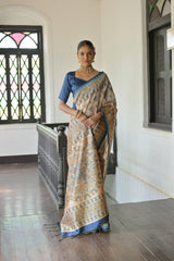 Blue Soft Tussar Silk Saree with Madhubani Prints