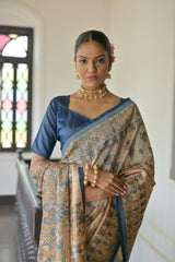 Blue Soft Tussar Silk Saree with Madhubani Prints