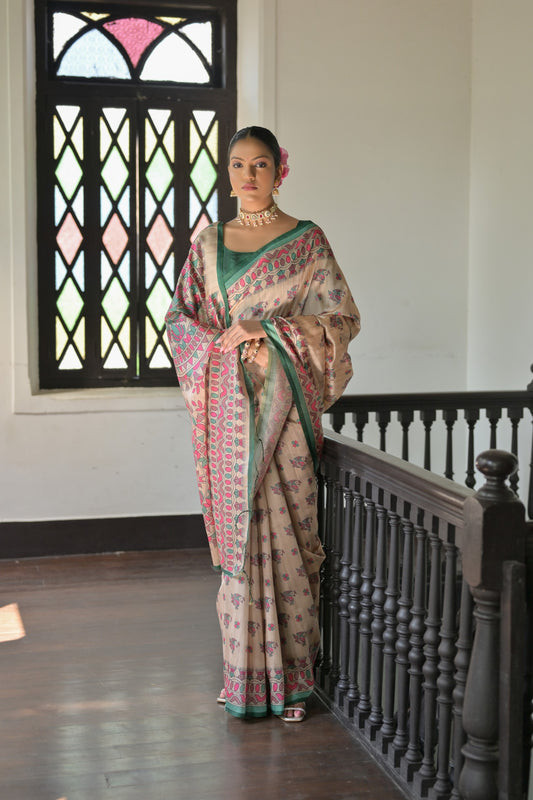 Green Soft Tussar Silk Saree with Madhubani Prints