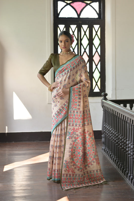 Mehendi Soft Tussar Silk Saree with Madhubani Prints